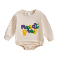 Muspeczenith Infant Baby Girl Boy Mardi Gras Outfit Letter Embroidered Long Sleeve Bubble Romper Sweatshirt Fall Clothes (beige, 12-18 Months)