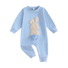 Load image into Gallery viewer, Easter Baby Boy Girl Outfit Embroidery Bunny Rompers Bunny Tail Jumpsuit Unisex Newborn Infant Easter Clothes (Blue, 0-3 Months)
