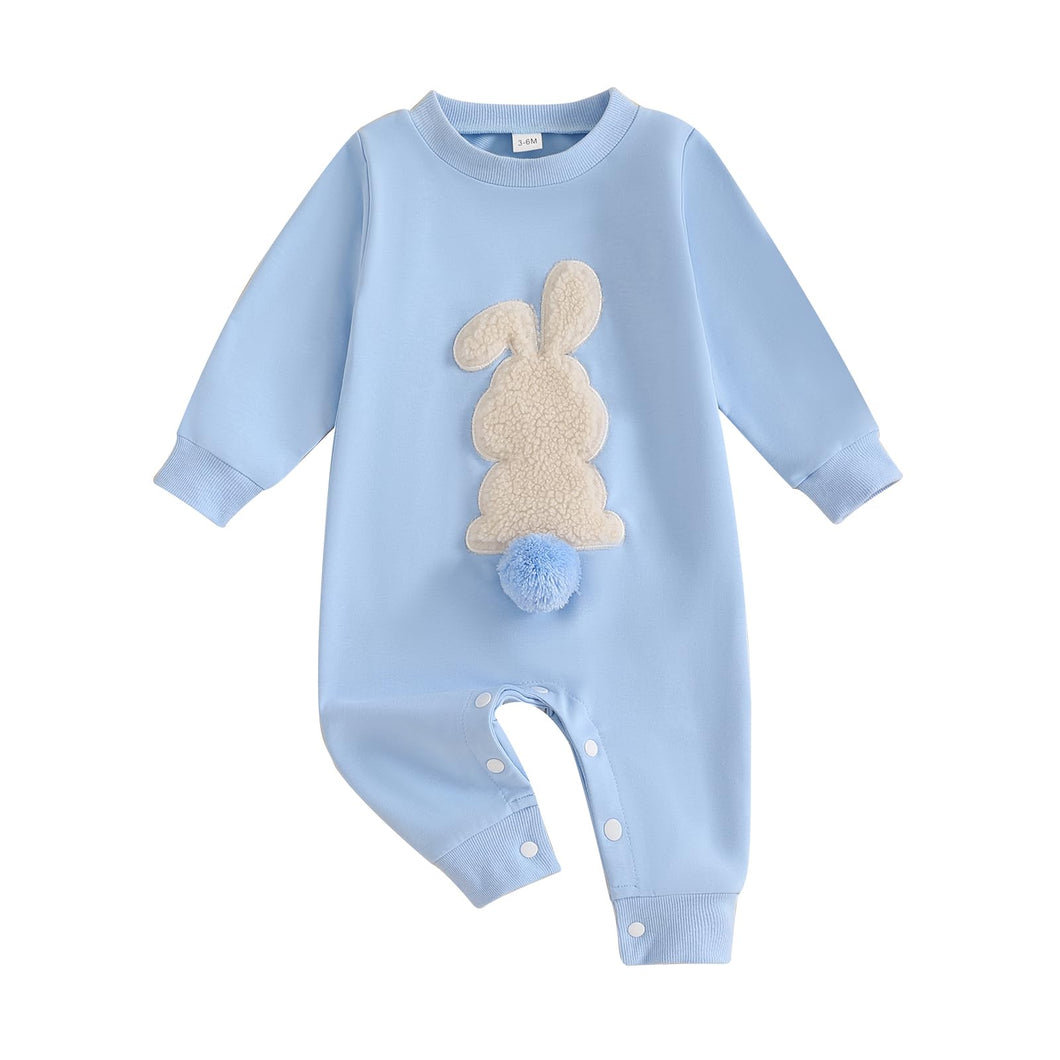 Easter Baby Boy Girl Outfit Embroidery Bunny Rompers Bunny Tail Jumpsuit Unisex Newborn Infant Easter Clothes (Blue, 0-3 Months)