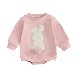 FOCUSNORM Easter Newborn Baby Girl Clothes Fuzzy Bunny Embroidery Romper Sweatshirt Bubble Jumpsuit Toddler Baby Girl Outfit (Easter Pink, 0-6 Months)