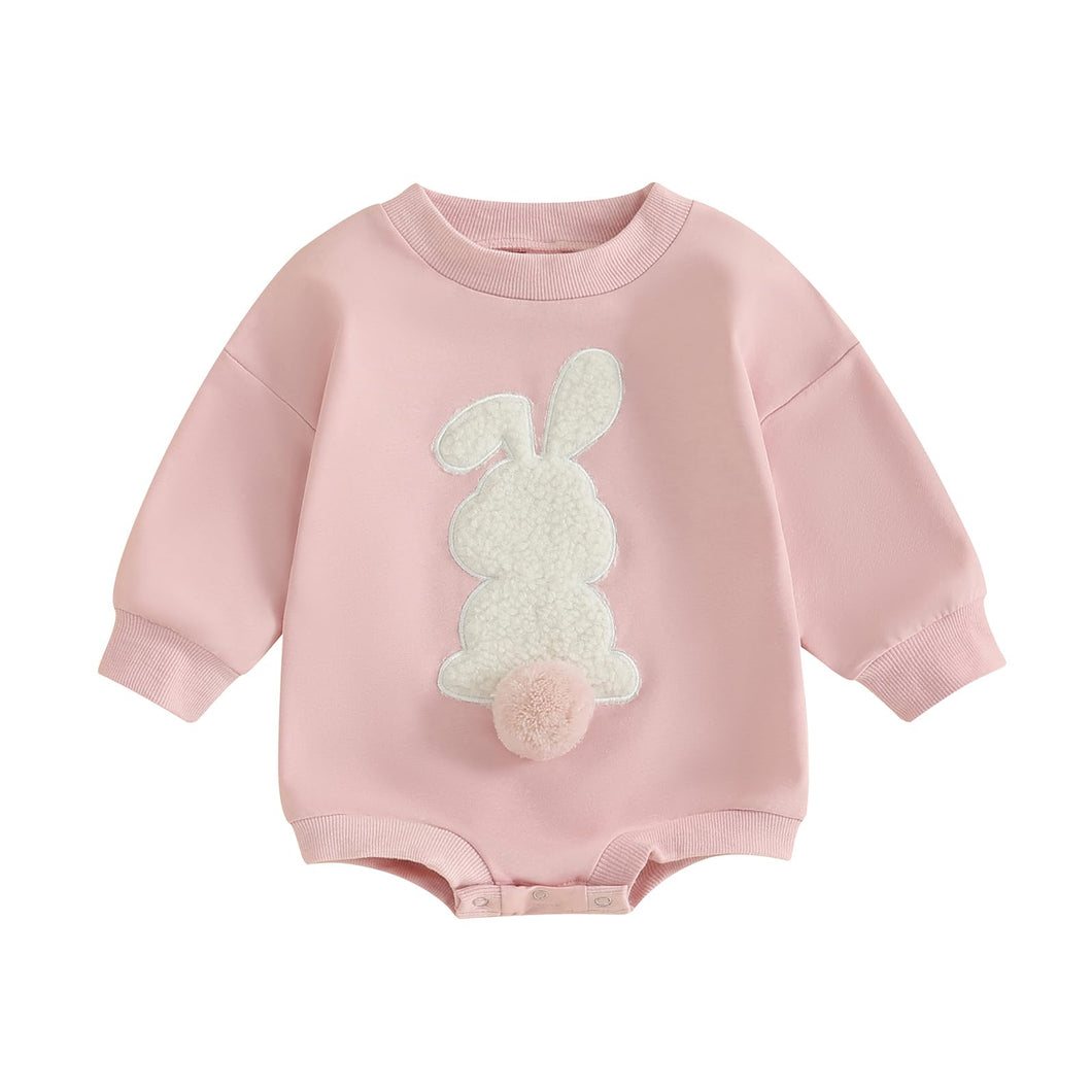 FOCUSNORM Easter Newborn Baby Girl Clothes Fuzzy Bunny Embroidery Romper Sweatshirt Bubble Jumpsuit Toddler Baby Girl Outfit (Easter Pink, 0-6 Months)