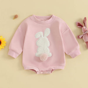 FOCUSNORM Easter Newborn Baby Girl Clothes Fuzzy Bunny Embroidery Romper Sweatshirt Bubble Jumpsuit Toddler Baby Girl Outfit (Easter Pink, 0-6 Months)