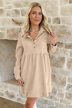 Load image into Gallery viewer, Oatmeal Corduroy Half Button Collared Long Sleeve Mini Dress
