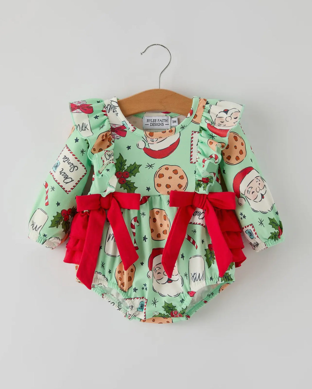 Christmas Santa and Cookie Print Baby Girls Romper with Red Bow Detail