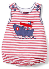 Load image into Gallery viewer, Red and White Striped Tugboat Applique Romper - Image #1
