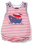 Red and White Striped Tugboat Applique Romper - Image #1