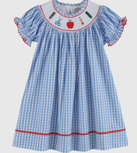 Load image into Gallery viewer, Blue Gingham School Supplies Smocked Bishop Dress - Image #1
