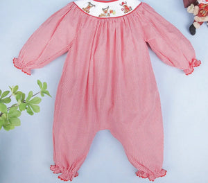 Christmas Deer Smocked Long Gingham Baby Bubble - Image #4