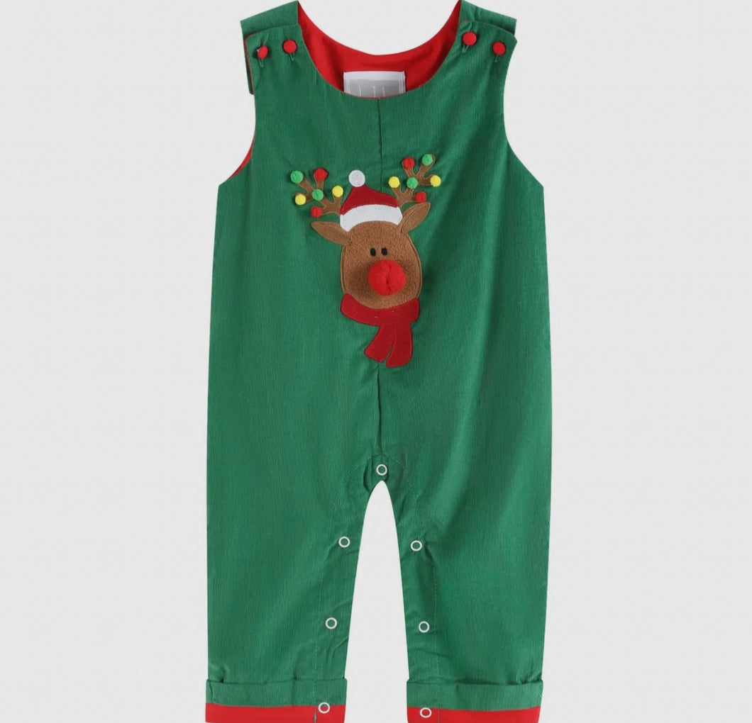 Green Corduroy Sherpa Reindeer Overalls