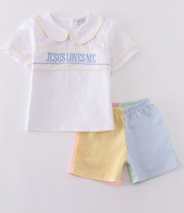 Easter seersucker Jesus loves me embroidery boy set