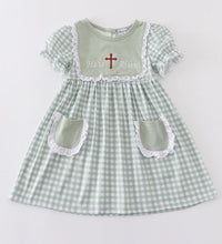 Load image into Gallery viewer, Sage easter he is risen cross embroidery girl dress
