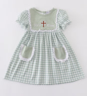 Sage easter he is risen cross embroidery girl dress