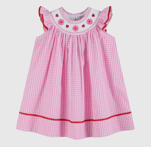 Preorder by 9/30-Pink Gingham Daisy and Hearts Smocked Romper-Ships 12/28