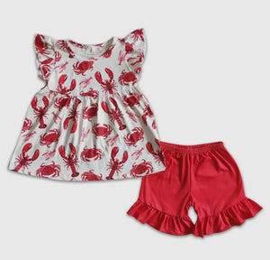 Crawfish Crab Print Flutter Sleeve Red Girls Short Set - Image #1