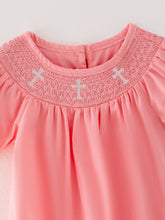 Load image into Gallery viewer, CORAL Smocked Church Christ Bishop Christening Girls Romper

