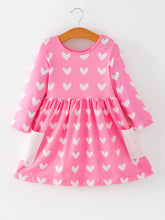 Load image into Gallery viewer, Girls Valentine’s Outfit Pink Heart Long Sleeve Dress with Pockets
