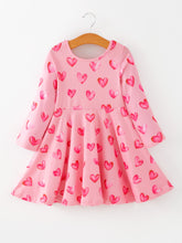 Load image into Gallery viewer, Girls Valentine Party Dress – Pink Heart Print Long Sleeve
