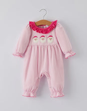 Load image into Gallery viewer, Christmas Santa Applique Striped Baby Girls Romper with Red Ruffle Trim-Ships by 10/5
