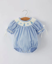 Load image into Gallery viewer, Baby Girls Romper - Blue Striped Smocked Outfit with Short Sleeves-Ships 10/30

