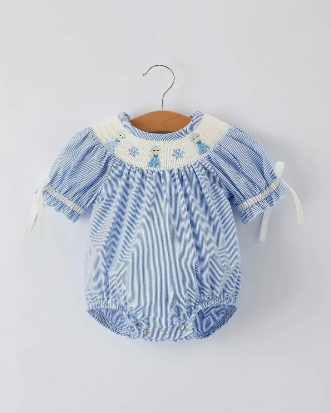 Baby Girls Romper - Blue Striped Smocked Outfit with Short Sleeves-Ships 10/30