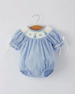Baby Girls Romper - Blue Striped Smocked Outfit with Short Sleeves-Ships 10/30