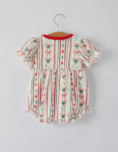Christmas Baby Girls Romper Stripe Print One-Piece with Ruffle Trim