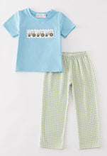 Load image into Gallery viewer, Green tractor embroidery gingham boy set
