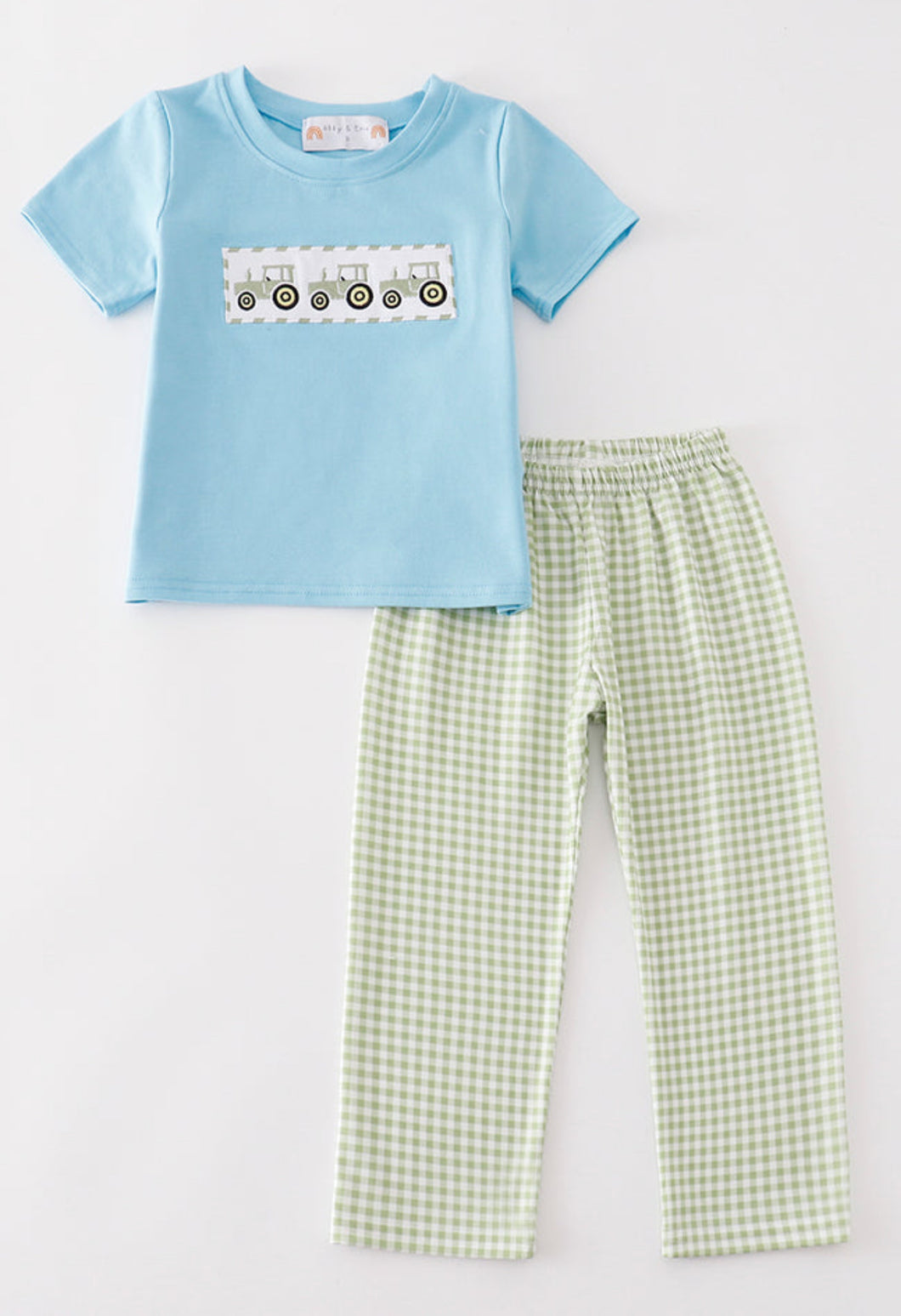 Green tractor embroidery gingham boy set