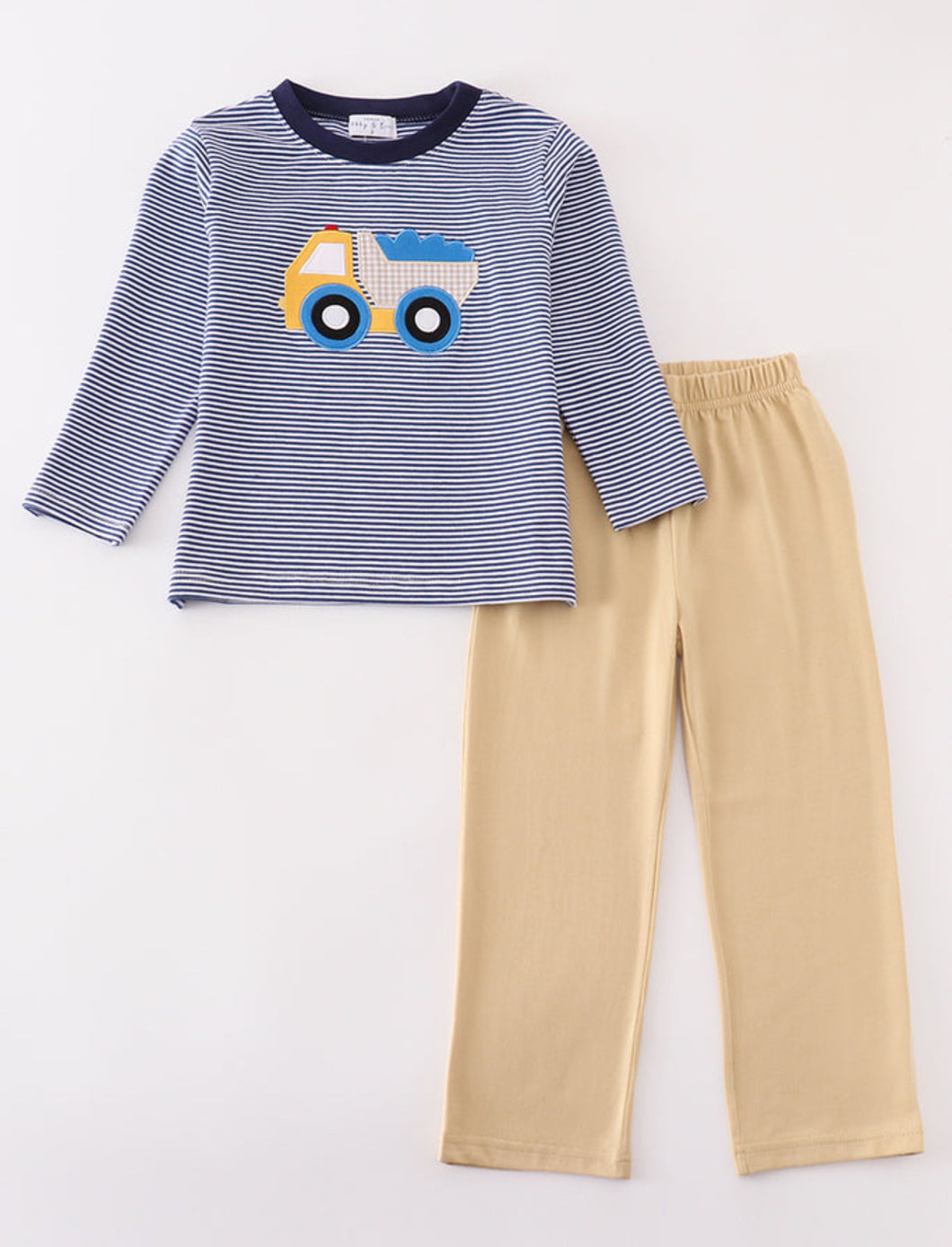 Premium blue stripe truck applique boy set