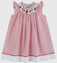 Load image into Gallery viewer, Red Seersucker Strawberry Smocked
Bishop Dress - Image #1
