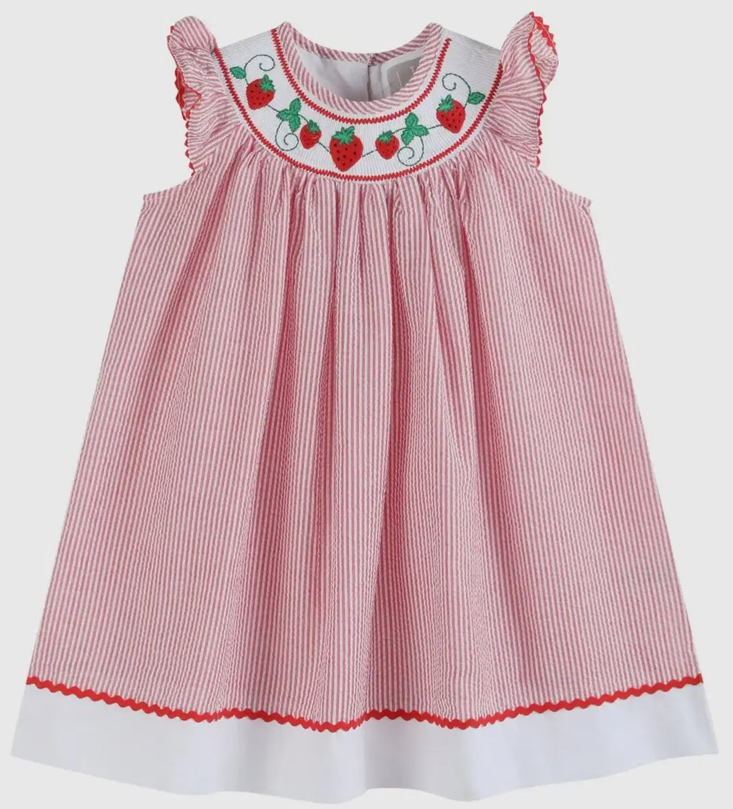 Red Seersucker Strawberry Smocked
Bishop Dress - Image #1