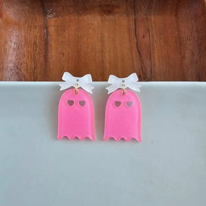 Bow Ghost Earrings - Pink Glitter - Image #1