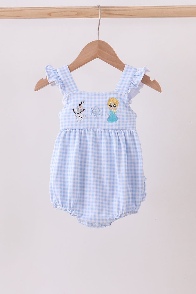 Premium blue snowman embroidery gingham ruffle bubble - Abbies Place