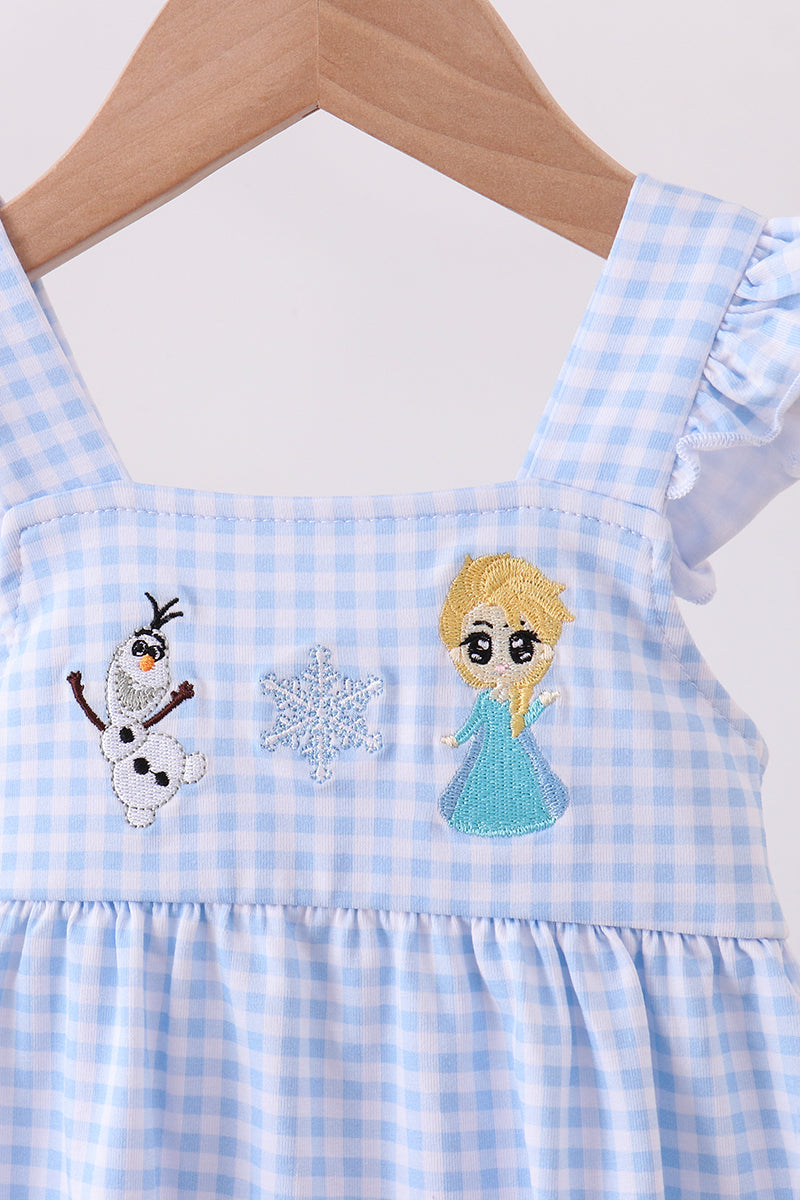 Premium blue snowman embroidery gingham ruffle bubble - Abbies Place