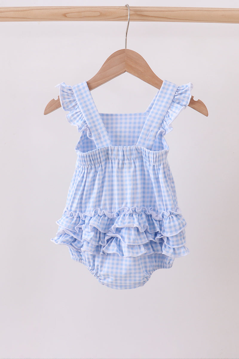 Premium blue snowman embroidery gingham ruffle bubble - Abbies Place