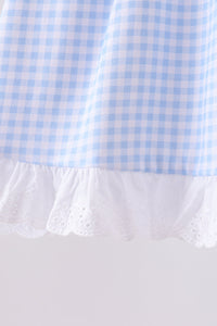 Premium blue snowman embroidery gingham ruffle pants set