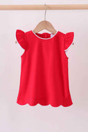 Red flutter sleeve scalloped top