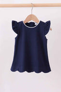 Navy flutter sleeve scalloped top