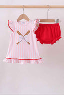 Pink baseball bow stripe bloomer set
