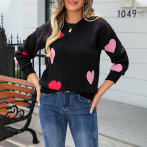 KMBANGI Women Heart Print Sweater Romantic Oversized Knitted Shirt Valentine's Day Love Graphic Long Sleeve Pullover Top(Love Black Hearts,L)