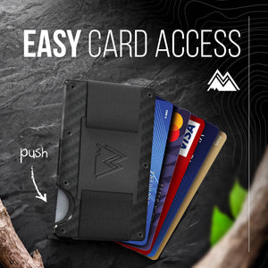 Mountain Voyage Minimalist Cash Strap Wallet - Slim RFID Blocking Wallet for Men & Women - Scratch Resistant, Credit Card Holder, Easily Removable Money & Cards, Aluminium Wallet (Matte Carbon Fiber)