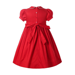 Pettigirl Girls Christmas Dresses Red Embroidery Bubble Sleeve Smocked Dresses for Girls Size 2 3 4 5 6 8 10 12 Clothing