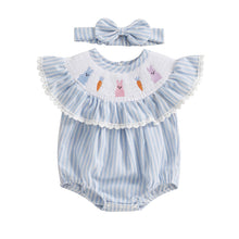 Load image into Gallery viewer, Newborn Baby Girl Easter Outfit Bunny Bubble Romper Embroidery Cute Smocked Baby Girl Clothes (Bunny Carrot Striped Blue, 6-12 Months)
