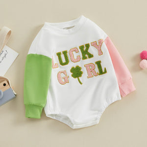 FOCUSNORM Newborn Girl Clothes Toddler Baby St. Patrick'S Outfit Long Sleeve Ireland Festival Romper Four Leaf Clover Romper (St. Patrick's Pink, 6-12 Months)