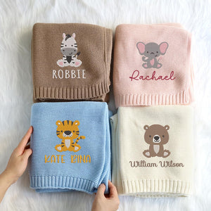 Chikky EMBROIDERED Baby Blanket Personalized Blanket for Baby Boy Girl Custom Embroidered Blanket with Baby Name Car Seats Baby Blanket Baby Photography Props Knit Strollers Blanket (07 - Animal)