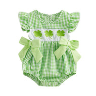 Socutebabe My First St Patricks Day Baby Girl Outfit Infant Plaid Bubble Romper Shamrock Embroidery Irish Day Spring Clothes (Green, 12-18 Months)