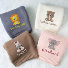 Load image into Gallery viewer, Chikky EMBROIDERED Baby Blanket Personalized Blanket for Baby Boy Girl Custom Embroidered Blanket with Baby Name Car Seats Baby Blanket Baby Photography Props Knit Strollers Blanket (07 - Animal)
