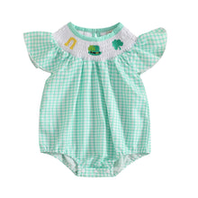 Load image into Gallery viewer, FIOMVA St Patricks Day Baby Girl Outfit Infant Smocked Bubble Romper Newborn Plaid Bodysuit Cute Toddler Summer Clothes (E Smocked Romper Plaid Green, 0-3 Months)
