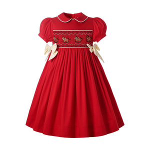 Pettigirl Girls Christmas Dresses Red Embroidery Bubble Sleeve Smocked Dresses for Girls Size 2 3 4 5 6 8 10 12 Clothing