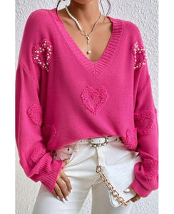 SELINK Women's Fuzzy Heart Sweater V Neck Pearl Drop Shoulder Casual Long Sleeve Valentines Sweaters Pullover Tops Pink-L